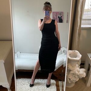 BLACK SHEER MIDI DRESS RUCHED SIDE SLIT BACK ZIPPER LINED STRETCH MESH COCKTAIL